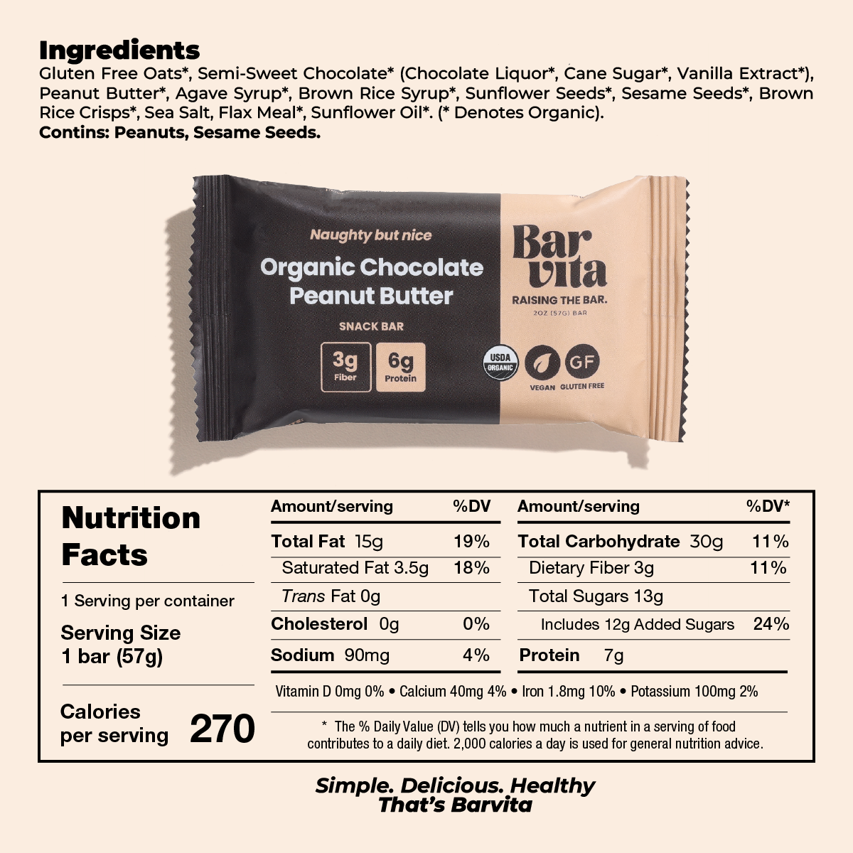 Barvita Chocolate Peanut Butter bar Vegan bars