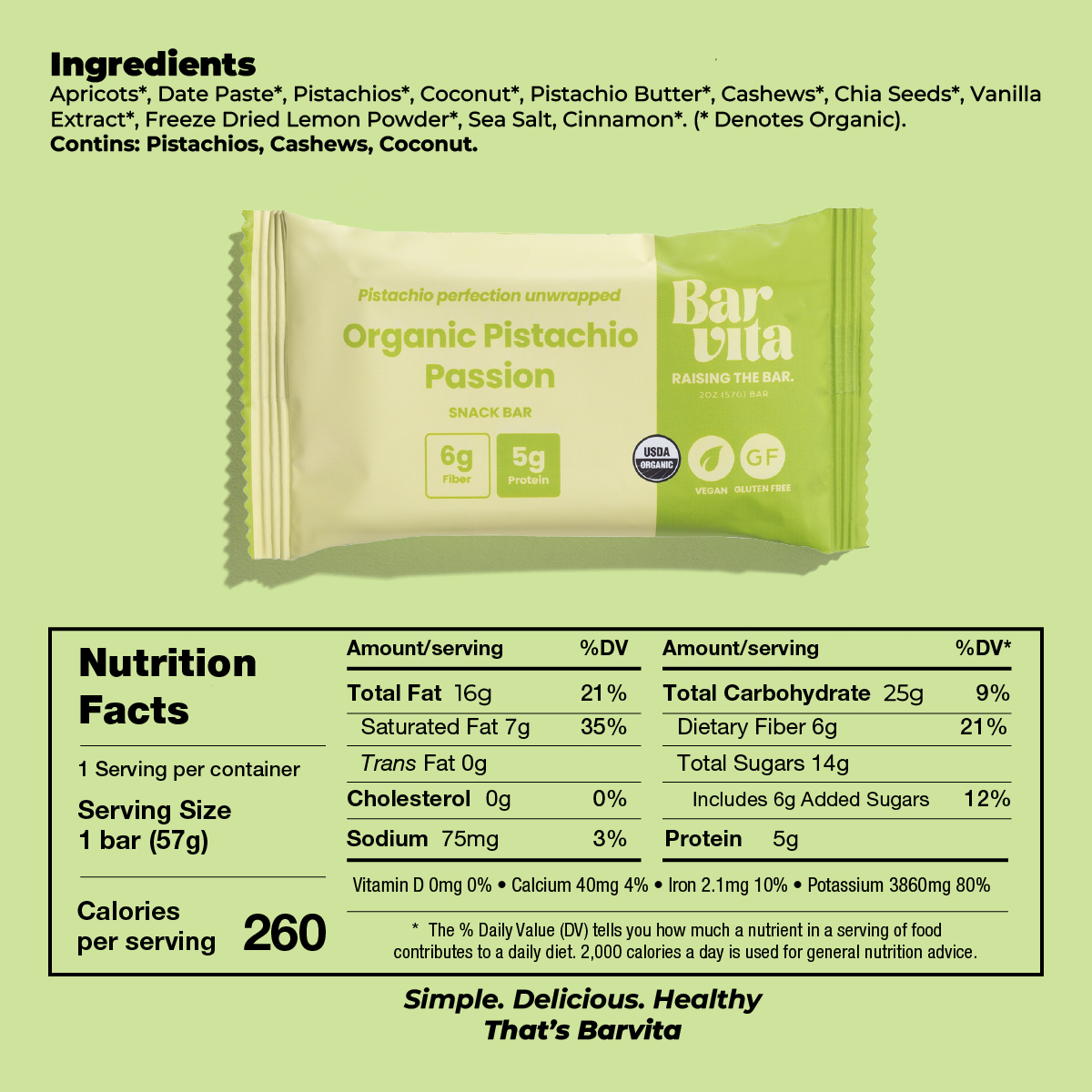 Pistachio Passion Gluten-free snacks  Vegan bars Barvita